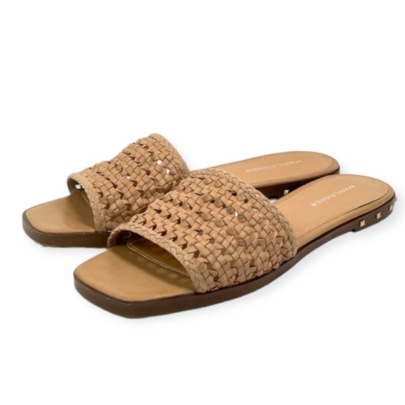 MARC FISHER Woven Jeremy Sandals Square Toe Studded Tan Flats Size 10 - Picture 1 of 7